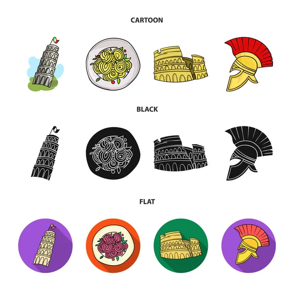 Torre de Pisa, pasta, coliseo, casco Legionario.Italia país conjunto colección iconos en dibujos animados, negro, estilo plano símbolo vectorial stock illustration web . — Archivo Imágenes Vectoriales