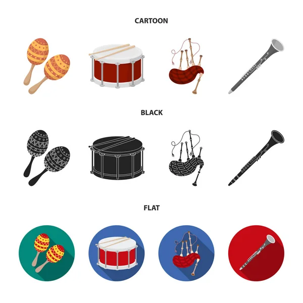 Maracas, tambor, gaitas escocesas, clarinete. Instrumentos musicales conjunto colección iconos en dibujos animados, negro, plano estilo vector símbolo stock ilustración web . — Vector de stock