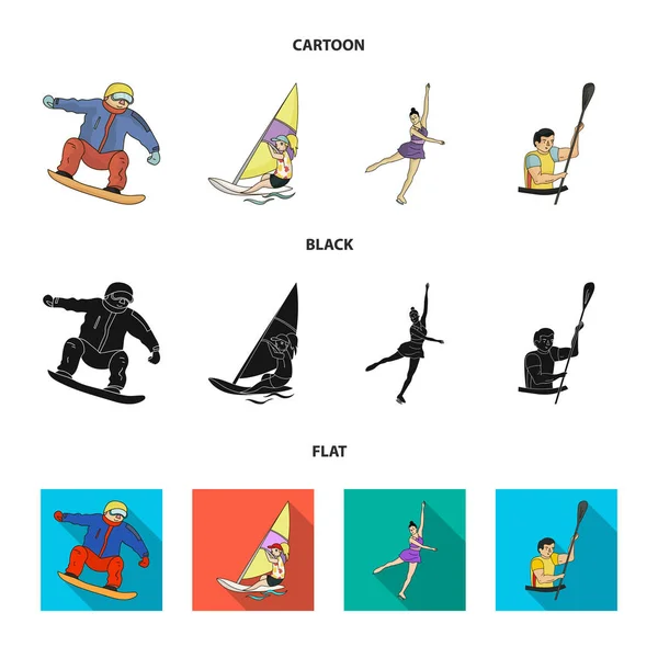 Snowboarding, plachtění, surfování, postava bruslení, jízdu na kajaku. Olympijský sport sada kolekce ikon v karikatuře, černá, plochý vektor symbol skladem ilustrace web. — Stockový vektor