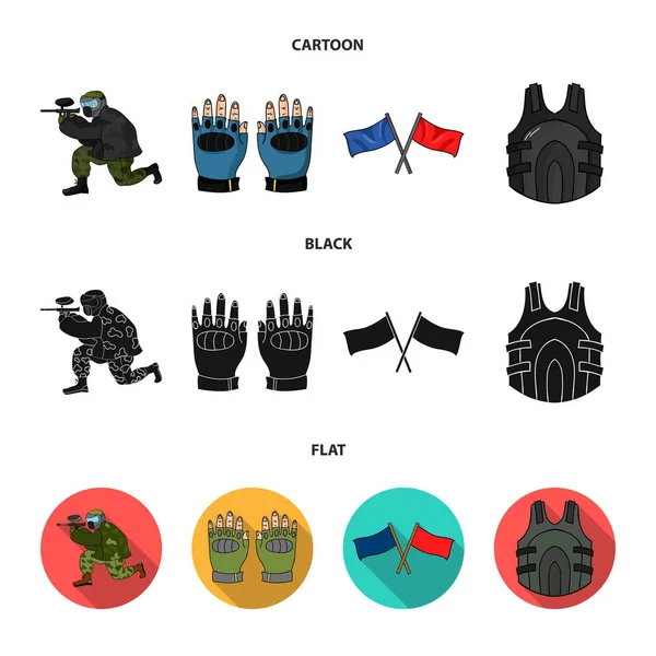 Sport, jeu, paintball, compétition .Paintball set collection icônes en dessin animé, noir, plat style vectoriel symbole illustration web . — Image vectorielle