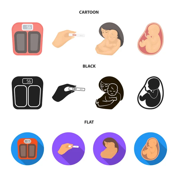 Barn i livmodern, skalor, testa. Graviditet som samling ikoner i tecknad, svart, platt stil vektor symbol stock illustration web. — Stock vektor