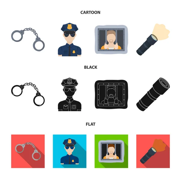 Handschellen, Polizist, Gefangener, Taschenlampen.police Set Sammlung Symbole in Cartoon, schwarz, flachen Stil Vektor Symbol Stock Illustration Web. — Stockvektor