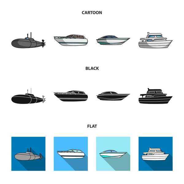 Ένα στρατιωτικό υποβρύχιο, ένα ταχύπλοο, ένα σκάφος αναψυχής και ένα σκάφος πνεύμα. Πλοία και πλωτές μεταφορές συλλογή εικόνες που σε καρτουν, μαυρες, επίπεδη στυλ διάνυσμα σύμβολο μετοχής εικονογράφηση web. — Διανυσματικό Αρχείο