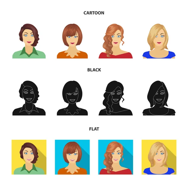 L'apparition d'une femme avec une coiffure, le visage d'une fille. Visage et apparence ensemble icônes de la collection dans la bande dessinée, noir, plat style vectoriel symbole illustration web . — Image vectorielle