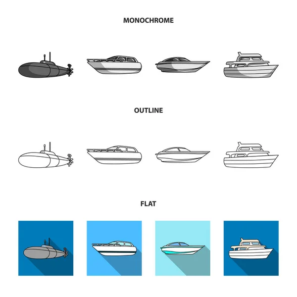 Προστασία βάρκα, σωσίβια λέμβο, ατμόπλοιο φορτίου, σπορ γιοτ. Πλοία και πλωτές μεταφορές συλλογή εικόνες που σε επίπεδη, περίγραμμα, μονόχρωμη στυλ διάνυσμα σύμβολο απόθεμα ενδεικτικά web. — Διανυσματικό Αρχείο