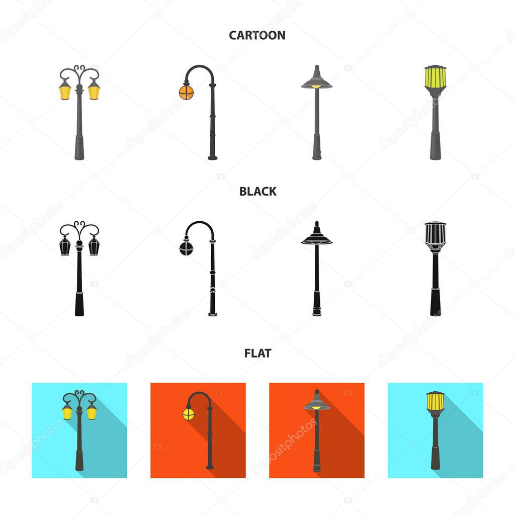 Lamppost in retro style,modern lantern, torch and other types of streetlights. Lamppost set collection icons in cartoon,black,flat style vector symbol stock illustration web.