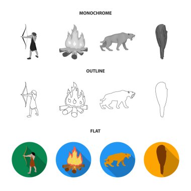 Adam, hunter, soğan, şenlik ateşi. Taş Devri toplama simgeler koymak düz, anahat, tek renkli stil vektör simge stok çizim web.