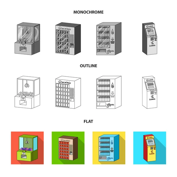 Una macchina da gioco, un terminale di vendita biglietti, un automa per la vendita di acqua e cioccolato. Terminali set icone di raccolta in piatto, contorno, stile monocromatico isometrico vettore simbolo stock illustrazione web  . — Vettoriale Stock