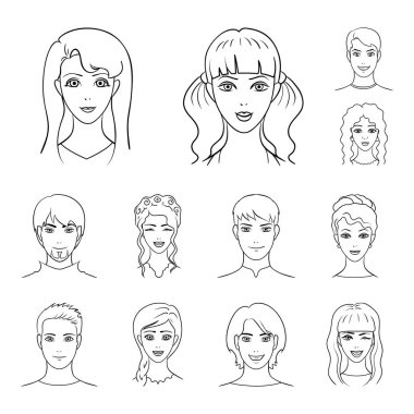 Set koleksiyonu tasarım için Avatar ve yüz anahat simgeleri. Bir kişi görünümü vektör simge stok web çizim.