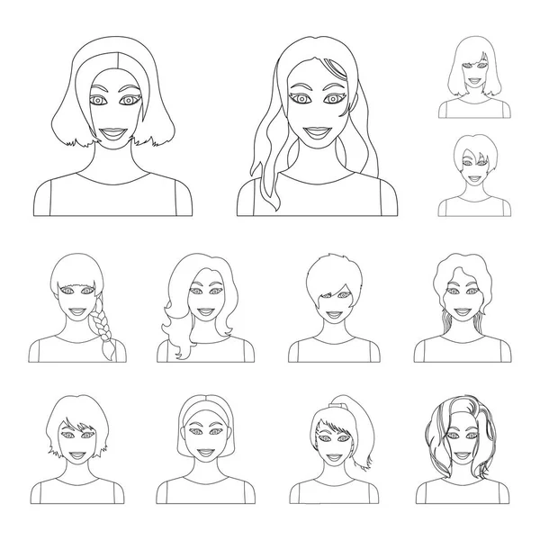 Types de coiffures féminines icônes contour dans la collection ensemble pour le design. Apparence d'une femme vecteur symbole stock web illustration . — Image vectorielle