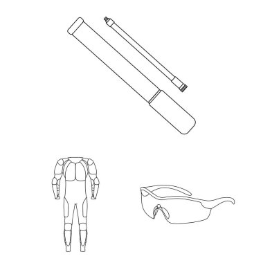 Bisiklet kıyafeti anahat simgeleri set koleksiyonu tasarım için. Bisiklet ve araç vektör simge stok web çizim.