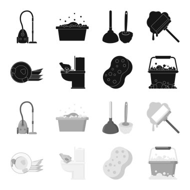 Temizlik ve hizmetçi siyah, tek renkli simgeler set koleksiyonu tasarım için. Vektör simge stok web illüstrasyon Temizleme için donatım.