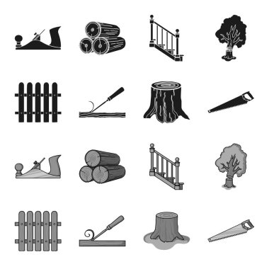 Çit, keski, stump, tahta için demir testeresi. Kereste ve ahşap toplama simgeler siyah, tek renkli stil vektör simge stok çizim web ayarla.