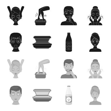 Yüz maskesi, Solaryum, şişe ts lasenom, yüzünde sivilce. Cilt Bakımı toplama simgeler siyah, tek renkli stil vektör simge stok çizim web içinde ayarla..