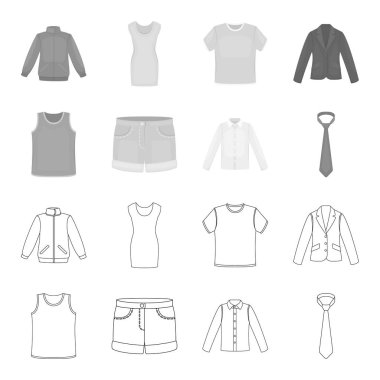 Uzun kollu, şort, tişört, gömlek kravat. Giyim koleksiyonu simgeleri anahat, tek renkli stil vektör simge stok çizim web ayarlamak..