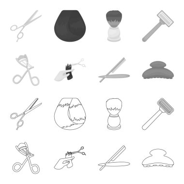 Makas, fırça, jilet ve diğer ekipmanlar. Kuaför toplama simgeler anahat, tek renkli stil vektör simge stok çizim web ayarla..