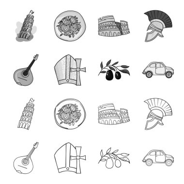 Mandolin, baba, zeytin, retro otomatik. İtalya ülke toplama simgeler anahat, tek renkli stil vektör simge stok çizim web ayarla..
