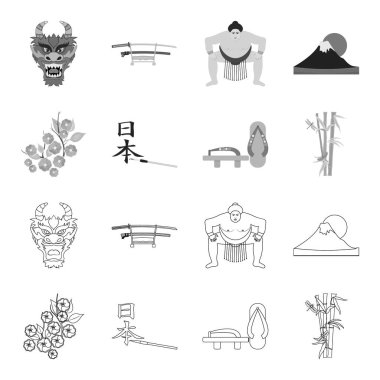 Geta, sakura çiçekler, bambu, hiyeroglif. Japonya toplama simgeler anahat, tek renkli stil vektör simge stok çizim web ayarla..