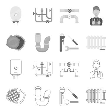 Kanalizasyon kapağı, aracı, radyatör. Sıhhi tesisat toplama simgeler anahat, tek renkli stil vektör simge stok çizim web ayarla..