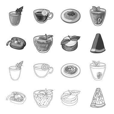 Tatlı Bulgar biber, vitamin içeceği, reçel Ahududu ve nane yaprakları ile karpuz bir parçası. Vejetaryen yemekleri toplama simgeler anahat, tek renkli stil vektör simge stok illüstrasyon ayarla.