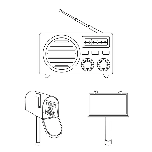 Production of advertising outline icons in set collection for design. Advertising equipment vector symbol stock web illustration. — Stock Vector