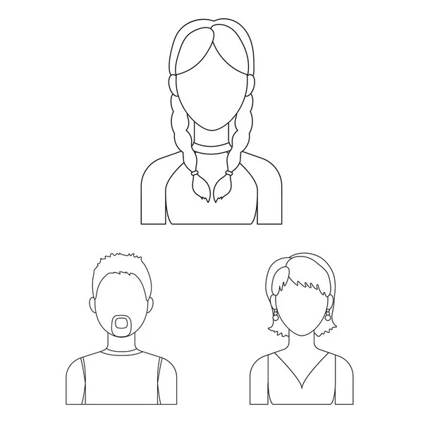 Avatar och ansiktet kontur ikoner i set insamling för design. En person utseende vektor symbol lager web illustration. — Stock vektor