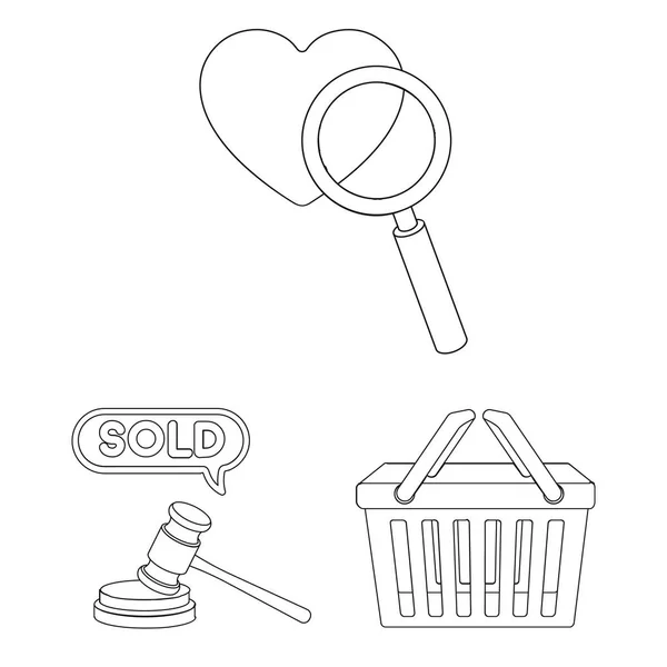 E-handel, kjøp og salg av konturikoner i en fastsatt samling for design. Illustrasjon av lagerbeholdning for handels- og finansieringsvektorsymboler . – stockvektor