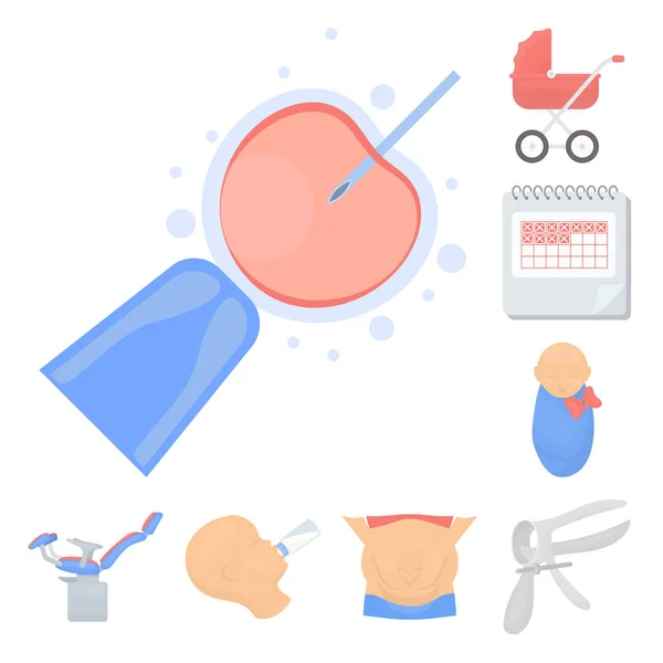 Kvinna och graviditet tecknad ikoner i set insamling för design. Gynekologi och utrustning vektor symbol lager web illustration. — Stock vektor