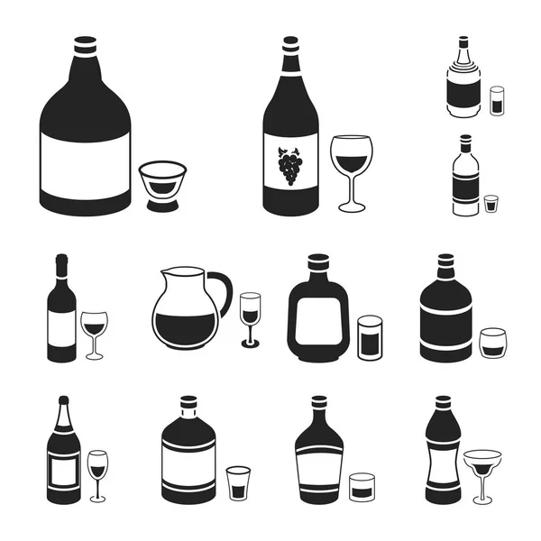 Rodzaje alkoholu czarny ikony w kolekcja zestaw do projektowania. Alkohol butelek wektor symbol akcji web ilustracji. — Wektor stockowy