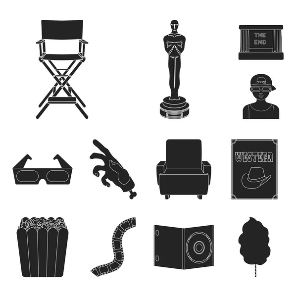 Film e cinema icone nere nella collezione di set per il design.Film e attributi vettoriale simbolo stock web illustrazione . — Vettoriale Stock