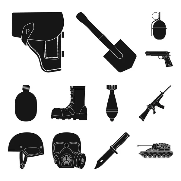 Ejército y armamento iconos negros en la colección de conjuntos para el diseño. Armas y equipo vector símbolo stock web ilustración . — Vector de stock