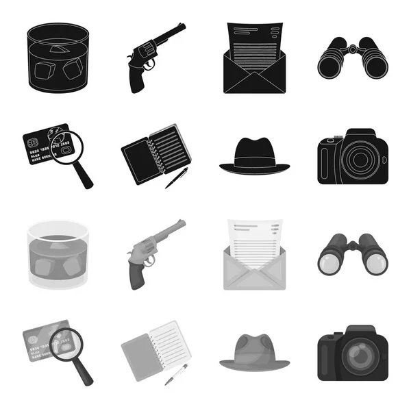 Cámara, lupa, sombrero, cuaderno con íconos de colección conjunto pen.Detective en negro, el estilo monocromo vector símbolo stock ilustración web . — Vector de stock