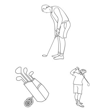 Golf ve öznitelikleri set koleksiyonu tasarım için simgeleri anahat. Golf Kulübü ve ekipman sembol stok web illüstrasyon vektör.