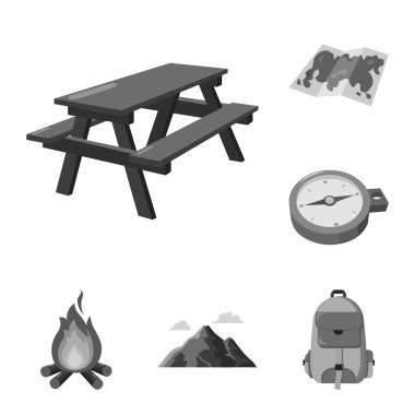 Set koleksiyonu tasarım için kamp tek renkli simgeler içinde bekletin. Kamp ve ekipman sembol stok web illüstrasyon vektör.