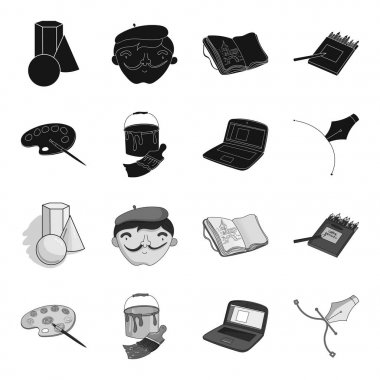 Bir fırça, boya fırçası, bir bilgisayar, bir araç, bir kalem ile bir kova ile bir palettir. Sanatçı ve çizim set simgeler siyah, tek renkli stil vektör simge stok çizim web içinde.