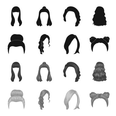 Sarışın bir grup, kırmızı dalgalı ve saç diğer türleri. Arka saç toplama simgeler siyah, tek renkli stil vektör simge stok çizim web içinde ayarla..