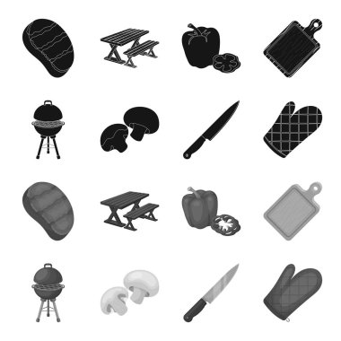 Barbekü Izgara, petrol, bıçak, Barbekü mitten. Barbekü küme toplama simgeler siyah, tek renkli stil vektör simge stok çizimde web