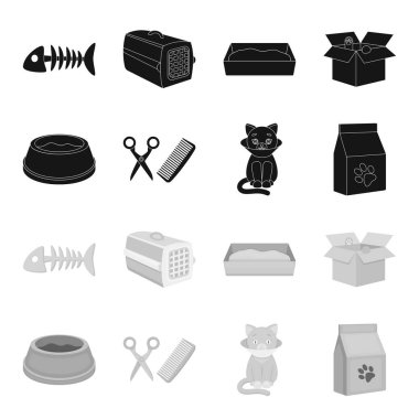 Gıda, bir kedi, hasta bir kedi, bir paket beslemeleri için saç kesimi ile bir kase. siyah, tek renkli stil vektör simge stok çizim web küme koleksiyon simgeler.