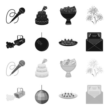 Duman, twirling bir tatil top, sandviç bir tabak, bir tebrik kartı olan bir zarf ile bir video kamera. Etkinlik Hizmetleri toplama simgeler siyah, tek renkli bir tarzda vektör simge stok ayarla