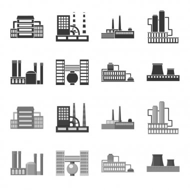 Sanayi, üretim. Fabrika toplama simgeler siyah, tek renkli stil vektör simge stok çizim web içinde ayarla..