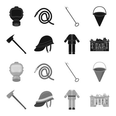 AX, kask, üniforma, Bina yanıyor. Yangın departmentset toplama simgeler siyah, tek renkli stil vektör simge stok çizim web içinde ayarla..