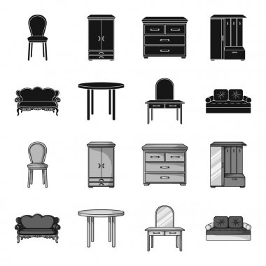 Kanepe, koltuk, Masa, ayna. Siyah, tek renkli stil vektör simge stok çizim web mobilya ve ev interiorset toplama simgeler.