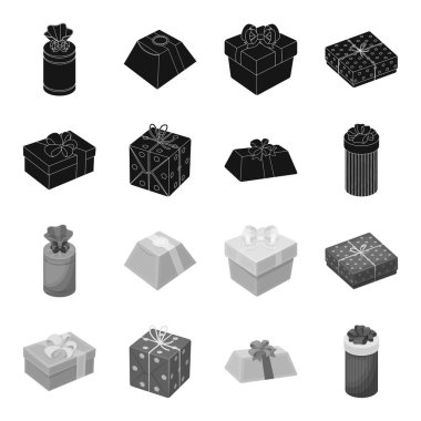 Fiyonklu hediye paketi hediye kutusu. Hediyeler ve sertifikaları toplama simgeler siyah, tek renkli stil vektör simge stok çizim web ayarla.