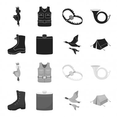 Uçan ördek, şişesi, çizmeler, çadır... Avcılık toplama simgeler siyah, tek renkli stil vektör simge stok çizim web içinde ayarla..