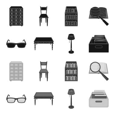 Gözlük, ahşap bir masa, bir zemin lamba, kitap olan bir kutu. Bir kütüphane ve bir kitapçı toplama simgeler siyah, tek renkli stil vektör simge stok çizim web ayarla.