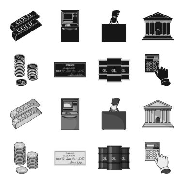 Sikke, bir banka çeki, bir hesap makinesi, siyah altın yığını. Para ve Finans toplama simgeler siyah, tek renkli stil vektör simge stok çizim web ayarla.