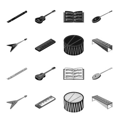 Müzik aleti siyah, tek renkli simgeler set koleksiyonu tasarım için. Resimde web dize ve Nefesli/Üflemeli Saz izometrik vektör simge stok.