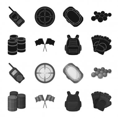 Koruyucu yelek, eldiven ve diğer ekipmanlar. Paintball tek simge siyah, tek renkli stil vektör simge stok çizim web içinde.