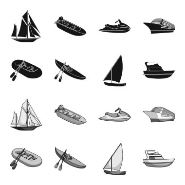 Balıkçılık Tekne, bir kayık kürek ile bir balık tutma schooner, motor yat bir lastik. Gemi ve Su ulaştırma araçları toplama simgeler siyah, tek renkli stil vektör simge stok çizim web ayarla.
