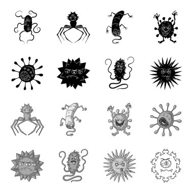 Mikrop ve virüs farklı türleri. Virüs ve bakteriler toplama simgeler siyah, tek renkli stil vektör simge stok çizim web ayarla.